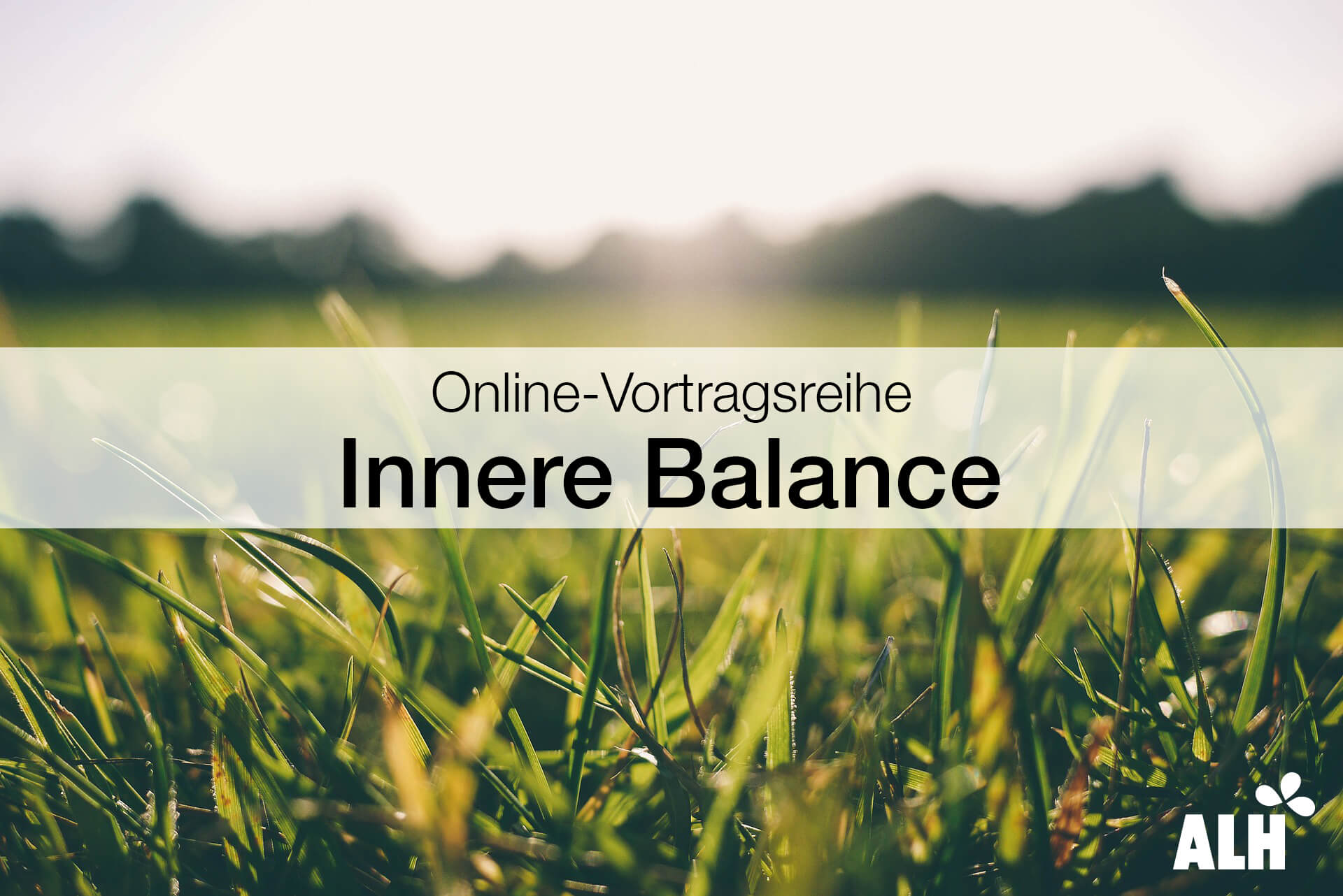 Beispielbild zur Vortragsreihe "Innere Balance". Gräser im Hintergrund mit Banner, der die Vortragsreihe ankündigt, im Vordergrund Moodbild_Innere Balance